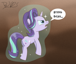 Size: 2000x1695 | Tagged: safe, artist:trackheadtherobopony, starlight glimmer, pony, unicorn, annoyed, hole, levitation, magic, self-levitation, signature, solo, telekinesis, text