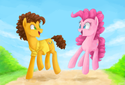 Size: 1237x836 | Tagged: safe, artist:mn27, cheese sandwich, pinkie pie, earth pony, pony, cheesepie, female, male, pronking, shipping, straight