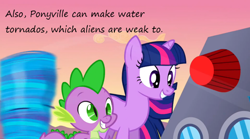 Size: 800x445 | Tagged: safe, derpibooru import, edit, edited screencap, screencap, spike, twilight sparkle, unicorn twilight, alien, dragon, pony, unicorn, hurricane fluttershy, duo, female, grin, insane pony thread, male, mare, tornado, tumblr, water