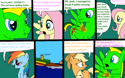 Size: 999x628 | Tagged: safe, artist:didgereethebrony, derpibooru import, applejack, fluttershy, rainbow dash, rarity, twilight sparkle, oc, oc:didgeree, earth pony, pegasus, pony, unicorn, comic:wreck of the renaissance, broken bone, broken wing, bruised, ship, sinking, sinking ship