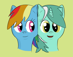 Size: 829x651 | Tagged: safe, artist:php99, derpibooru exclusive, derpibooru import, lyra heartstrings, rainbow dash, pegasus, pony, bust, duo, looking at you, lyradash, shipping