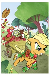 Size: 660x1002 | Tagged: safe, artist:billforster, apple bloom, applejack, big macintosh, granny smith, winona, earth pony, pony, apple family, cart, clothes, dress, gala dress, male, riding, stallion, working