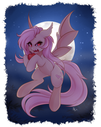 Size: 2000x2525 | Tagged: safe, artist:spittfireart, fluttershy, bat, bat pony, pony, apple, backlighting, flutterbat, moon, race swap, solo