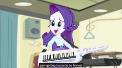 Size: 2560x1432 | Tagged: safe, screencap, rarity, equestria girls, rainbow rocks, ceiling, curtains, keytar, lights, meme, musical instrument, speakers, triangle, wall, youtube caption