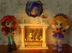 Size: 1484x1100 | Tagged: safe, artist:whatthehell!?, adagio dazzle, starlight glimmer, sunset shimmer, equestria girls, abuse, chimney, clothes, dead, decapitated, doll, equestria girls minis, fire, fireplace, flower, flower vase, glimmerbuse, grimderp, irl, jewelry, mounted head, photo, pipe, severed head, skirt, smoking, toy, trophy, victorian, x eyes