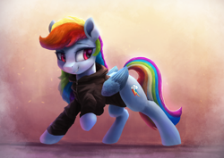 Size: 3600x2550 | Tagged: safe, artist:vanillaghosties, derpibooru import, rainbow dash, pegasus, pony, abstract background, clothes, colored wings, female, hoodie, looking sideways, mare, raised hoof, smiling, solo