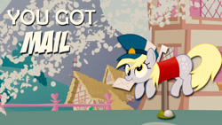 Size: 1920x1080 | Tagged: safe, artist:templarhappy, artist:tim015, derpy hooves, pony, derpy inside a mailbox, hat, letter, mailbox, mailmare, mouth hold, ponyville, silly, silly pony, vector, wallpaper