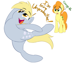 Size: 1355x1200 | Tagged: safe, artist:january3rd, carrot top, derpy hooves, golden harvest, pegasus, pony, backbend, dialogue, female, flexible, i have done nothing productive all day, mare, simple background, white background