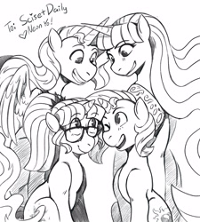 Size: 2700x3000 | Tagged: safe, artist:overlordneon, sci-twi, sunset shimmer, twilight sparkle, twilight sparkle (alicorn), alicorn, pony, series:sciset diary, alicornified, female, lesbian, mare, monochrome, one eye closed, ponified, race swap, scitwishimmer, shimmercorn, shipping, simple background, size difference, sketch, smiling, sunsetsparkle, wink