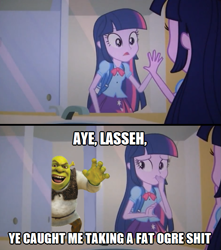 Size: 613x692 | Tagged: safe, derpibooru import, edit, edited screencap, screencap, twilight sparkle, ogre, equestria girls, equestria girls (movie), bathroom, check yourself before you shrek yourself, equestria girls will be better than fim, shrek, shrek is love shrek is life, shrek your privilege, toilet, vulgar