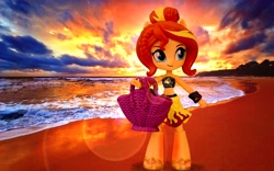 Size: 1658x1036 | Tagged: safe, edit, sunset shimmer, equestria girls, beach, clothes, cloud, doll, equestria girls minis, handbag, irl, merchandise, ocean, outfit, photo, sand, sandals, summer sunset, sunset, swimsuit, toy, wallpaper, wrap skirt