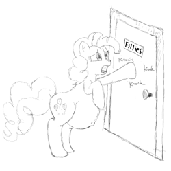 Size: 1734x1728 | Tagged: safe, artist:99, pinkie pie, earth pony, pony, bathroom, desperate, desperation, knocking, monochrome, need to pee, omorashi, potty time, preggy pie, pregnant, solo