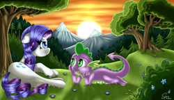 Size: 4000x2300 | Tagged: safe, artist:sycoartworks, rarity, spike, dragon, pony, unicorn, female, male, plot, shipping, sparity, straight