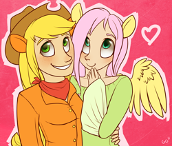 Size: 800x678 | Tagged: safe, artist:fox-feathers, applejack, fluttershy, human, appleshy, eared humanization, female, humanized, lesbian, light skin, shipping, winged humanization