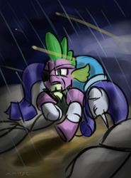 Size: 1280x1728 | Tagged: safe, artist:mxcoriginal, rarity, spike, dragon, pony, unicorn, eyepatch, my little art challenge, rain