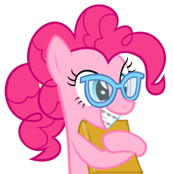 Size: 1052x1058 | Tagged: safe, artist:zacatron94, part of a set, pinkie pie, earth pony, pony, adorkable, alternate hairstyle, book, braces, cute, diapinkes, dork, glasses, grin, nerd pony, ponytail, simple background, smiling, solo, transparent background, vector