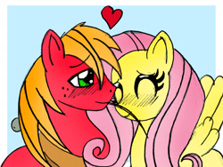 Size: 1771x1332 | Tagged: safe, artist:chibi-n92, artist:garfield141992, derpibooru import, big macintosh, fluttershy, earth pony, pegasus, pony, blushing, bust, eyelashes, female, fluttermac, freckles, heart, male, mare, shipping, stallion, straight, straw in mouth, wings, yoke