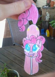 Size: 505x705 | Tagged: safe, artist:partylikeanartist, pinkie pie, earth pony, pony, hand, hanging, happy, looking at you, open mouth, paper child, paper pony, papercraft, photo, smiling, solo, tail pull, traditional art