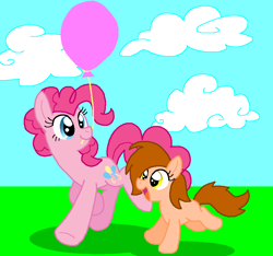 Size: 885x828 | Tagged: safe, artist:heartinarosebud, pinkie pie, oc, earth pony, pony, balloon, filly