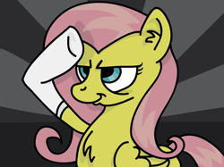 Size: 1464x1094 | Tagged: artist needed, safe, fluttershy, pegasus, pony, chest fluff, salute, solo, sunburst background