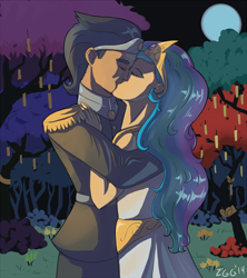 Size: 1500x1688 | Tagged: safe, artist:tggeko, idw, king sombra, princess celestia, human, celestibra, female, good king sombra, humanized, kissing, male, night, shipping, straight, wishing garden