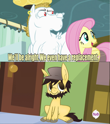 Size: 640x717 | Tagged: safe, artist:commandermitsuki, bulk biceps, fluttershy, pegasus, pony, rainbow falls, beard, blonde, blonde mane, blonde tail, blue eyes, curtain, ear piercing, exploitable meme, female, hat, jontron, looking to side, looking to the right, male, mare, meme, open mouth, piercing, pink mane, pink tail, ponified, red eyes, replacement meme, smiling, spread wings, stallion, text, white coat, wings, yellow coat