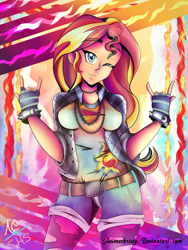 Size: 1024x1365 | Tagged: safe, alternate version, artist:animechristy, sunset shimmer, human, clothes, devil horn (gesture), female, fingerless gloves, gloves, humanized, looking at you, shirt, smiling, solo