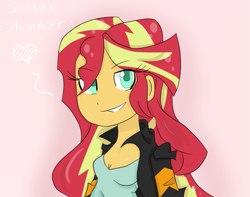 Size: 1361x1075 | Tagged: safe, artist:mildockart, sunset shimmer, equestria girls, bust, clothes, colored pupils, gradient background, heart, jacket, looking at you, shirt, smiling, solo