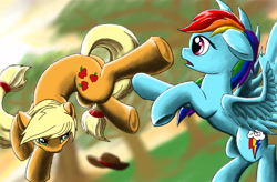 Size: 6000x3938 | Tagged: safe, artist:doomsp0rk, derpibooru import, applejack, rainbow dash, earth pony, pegasus, pony, fight, floppy ears, handstand, kick, rearing, spread wings