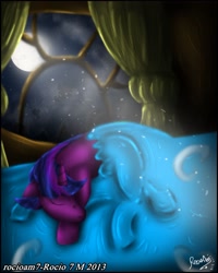 Size: 2292x2859 | Tagged: safe, artist:rocioam7, derpibooru import, twilight sparkle, bed, golden oaks library, moon, moonlight, sleeping, solo