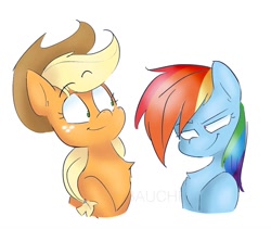 Size: 1200x1015 | Tagged: safe, artist:drawbauchery, artist:paula-li, color edit, derpibooru import, edit, applejack, rainbow dash, earth pony, pegasus, pony, appledash, chest fluff, colored, duo, female, freckles, lesbian, looking at each other, shipping, simple background, smiling, white background