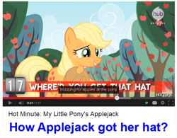 Size: 658x512 | Tagged: safe, screencap, applejack, earth pony, pony, applejack's hat, hat, hot minute, youtube caption