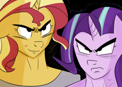 Size: 1400x1000 | Tagged: safe, artist:zouyugi, starlight glimmer, sunset shimmer, anthro, unicorn, dragon ball z, female, laughing, mare, muscles, pastiche