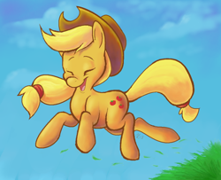 Size: 600x488 | Tagged: safe, artist:violetvampirevixen, applejack, earth pony, pony, eyes closed, grass, jumping, solo