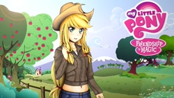 Size: 1920x1080 | Tagged: safe, artist:sazuko, applejack, human, belly button, humanized, light skin, midriff, solo