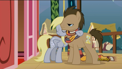 Size: 1600x900 | Tagged: safe, screencap, derpy hooves, doctor whooves, pony, slice of life (episode), clothes, discovery family logo, fourth doctor's scarf, hug, male, reference, scarf, stallion, tom baker's scarf