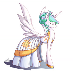 Size: 1000x1032 | Tagged: safe, artist:grasspainter, princess celestia, alicorn, pony, alternate hairstyle, clothes, cute, cutelestia, dress, eye clipping through hair, eyes closed, hoof shoes, simple background, smiling, solo, spread wings, white background