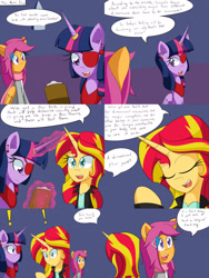 Size: 2400x3200 | Tagged: safe, artist:jake heritagu, scootaloo, sunset shimmer, twilight sparkle, twilight sparkle (alicorn), alicorn, pony, comic:ask motherly scootaloo, clipboard, clothes, comic, eyepatch, hairpin, motherly scootaloo, ring, scarf, sweatshirt, wedding ring