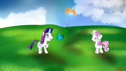 Size: 1920x1080 | Tagged: safe, rarity, scootaloo, sweetie belle, pony, unicorn, cloud, cloudy, filly rarity, flower, kite, kite flying, playing, sisters