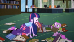 Size: 1411x811 | Tagged: safe, derpibooru import, spike, twilight sparkle, dog, equestria girls, equestria girls (movie), bibliovore, book, mouth hold, spike the dog