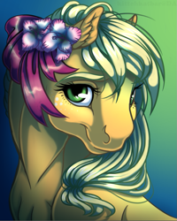 Size: 743x927 | Tagged: safe, artist:kittehkatbar, applejack, earth pony, pony, bust, flower, flower in hair, looking at you, portrait, solo, three quarter view