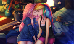 Size: 2000x1200 | Tagged: safe, artist:tcn1205, derpibooru import, fluttershy, rainbow dash, human, bed, book, clothes, electric guitar, eyes closed, female, flutterdash, guitar, hoodie, humanized, kissing, lesbian, shipping, sweater, trash can