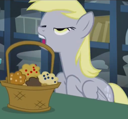 Size: 754x700 | Tagged: safe, screencap, derpy hooves, pegasus, pony, slice of life (episode), basket, derp, faic, female, mare, muffin, solo