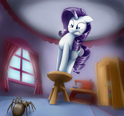 Size: 3961x3689 | Tagged: safe, artist:otakuap, rarity, pony, spider, unicorn, arachnophobia, curtains, fear, female, mare, scared, sewing machine, solo, stool, window