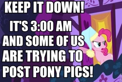 Size: 719x482 | Tagged: safe, edit, edited screencap, screencap, pinkie pie, earth pony, pony, read it and weep, cropped, hat, image macro, imageboard, meme, nightcap, solo