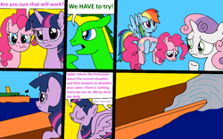 Size: 979x609 | Tagged: safe, artist:didgereethebrony, derpibooru import, pinkie pie, rainbow dash, sweetie belle, twilight sparkle, twilight sparkle (alicorn), oc, oc:didgeree, alicorn, earth pony, pegasus, pony, comic:wreck of the renaissance, carrying, ship, ship sinking, sinking, sinking ship, titanic