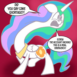 Size: 576x576 | Tagged: safe, artist:pembroke, princess celestia, alicorn, pony, ask celestia stuff, cake, cakelestia, long neck, solo