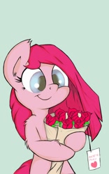 Size: 800x1280 | Tagged: safe, artist:macheteponies, pinkie pie, earth pony, pony, atryl-ish, bouquet, crush, cute, cuteamena, diapinkes, flower, holiday, in love, pinkamena diane pie, rose, secret admirer, smiling, solo, style emulation, valentine's day