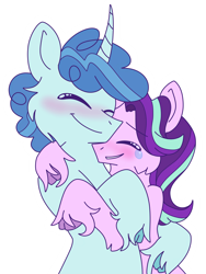 Size: 2100x2800 | Tagged: safe, artist:lolwise, party favor, starlight glimmer, earth pony, pony, unicorn, colored hooves, crying, cute, favorbetes, female, glimmerbetes, hug, leg fluff, male, mare, partyglimmer, shipping, simple background, smiling, stallion, straight, tears of joy, transparent background