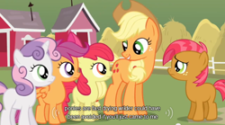 Size: 640x355 | Tagged: safe, edited screencap, screencap, apple bloom, applejack, babs seed, scootaloo, sweetie belle, earth pony, pony, one bad apple, caption, cutie mark crusaders, meme, youtube caption